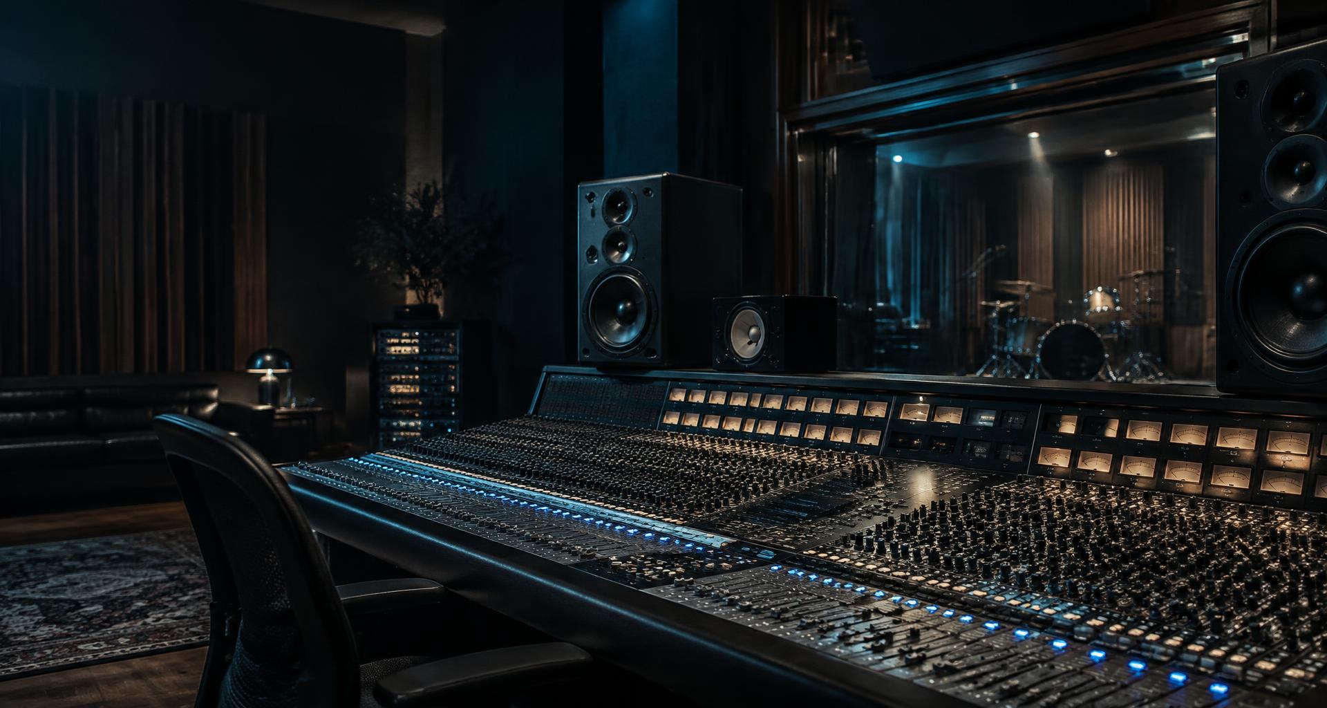 Professional recording studio with an analog mixing console